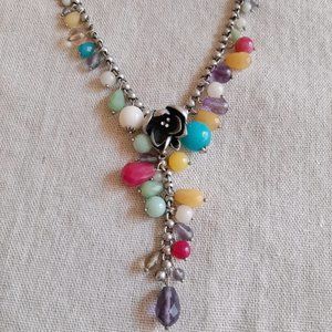 Fossil Silver Tone Y Floral & Multi Colored Bead Necklace